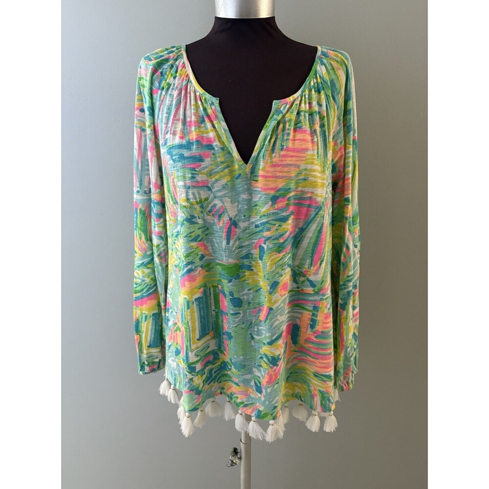 Lilly Pulitzer Linzy Top Size M Green Pink Palm Tree Tassel Beach Vacation **